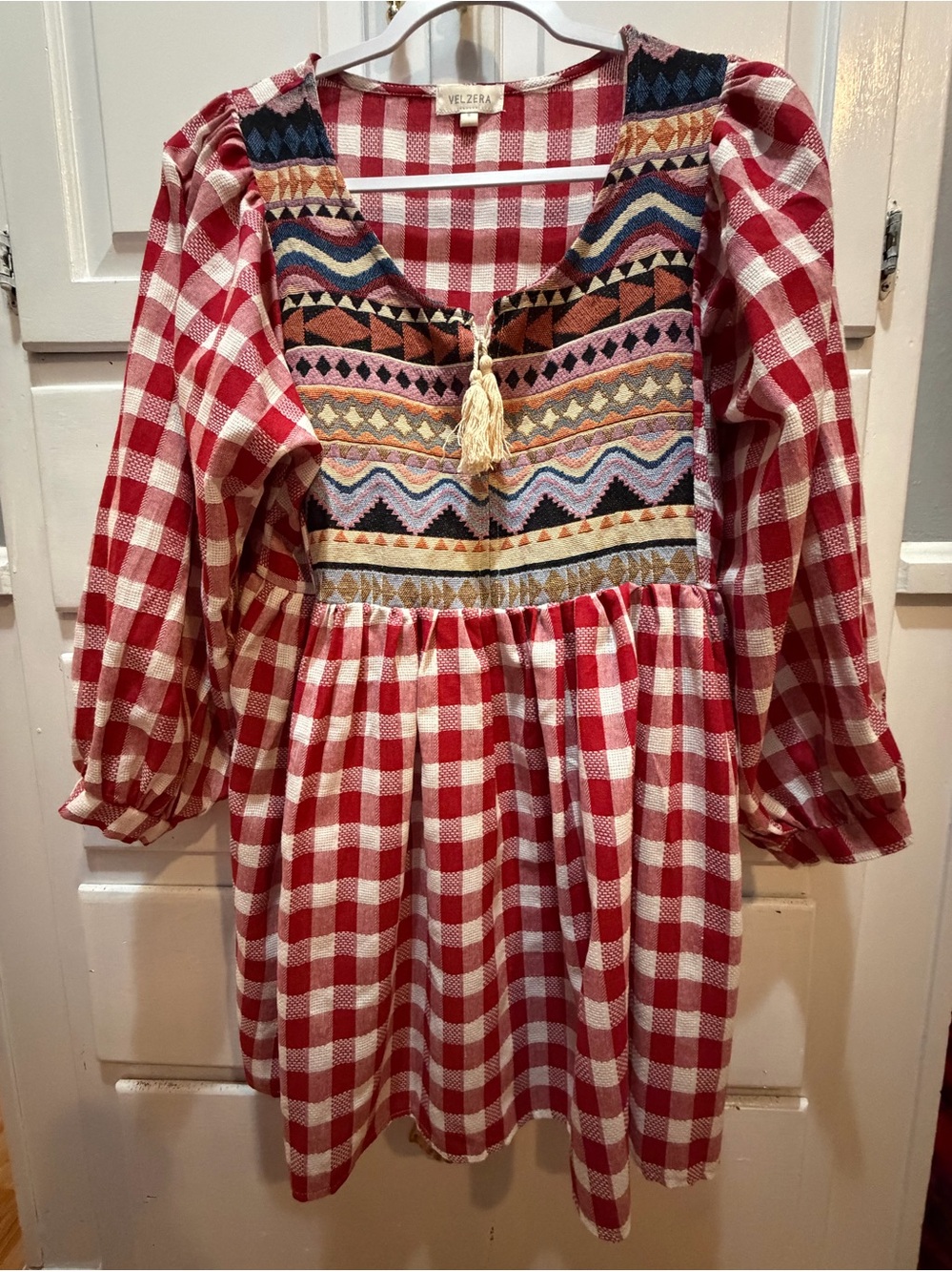 Velzera  Boho Tunic S Red Checked With Tapestry Front And Tassels Long Sleeves